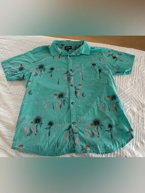 Billabong Turquoise Hawaiian Tropical Button-Down short sleeve. Youth XL- 12-14